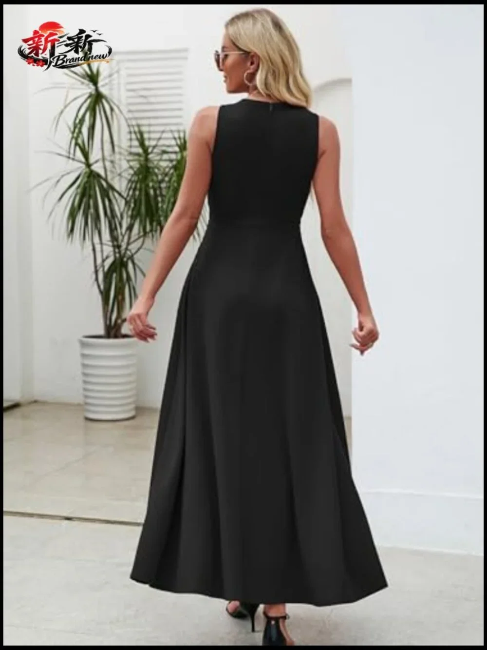 V-Neck Sleeveless Formal A-Line Midi Dress with Ruffle - Picture 6 of 7